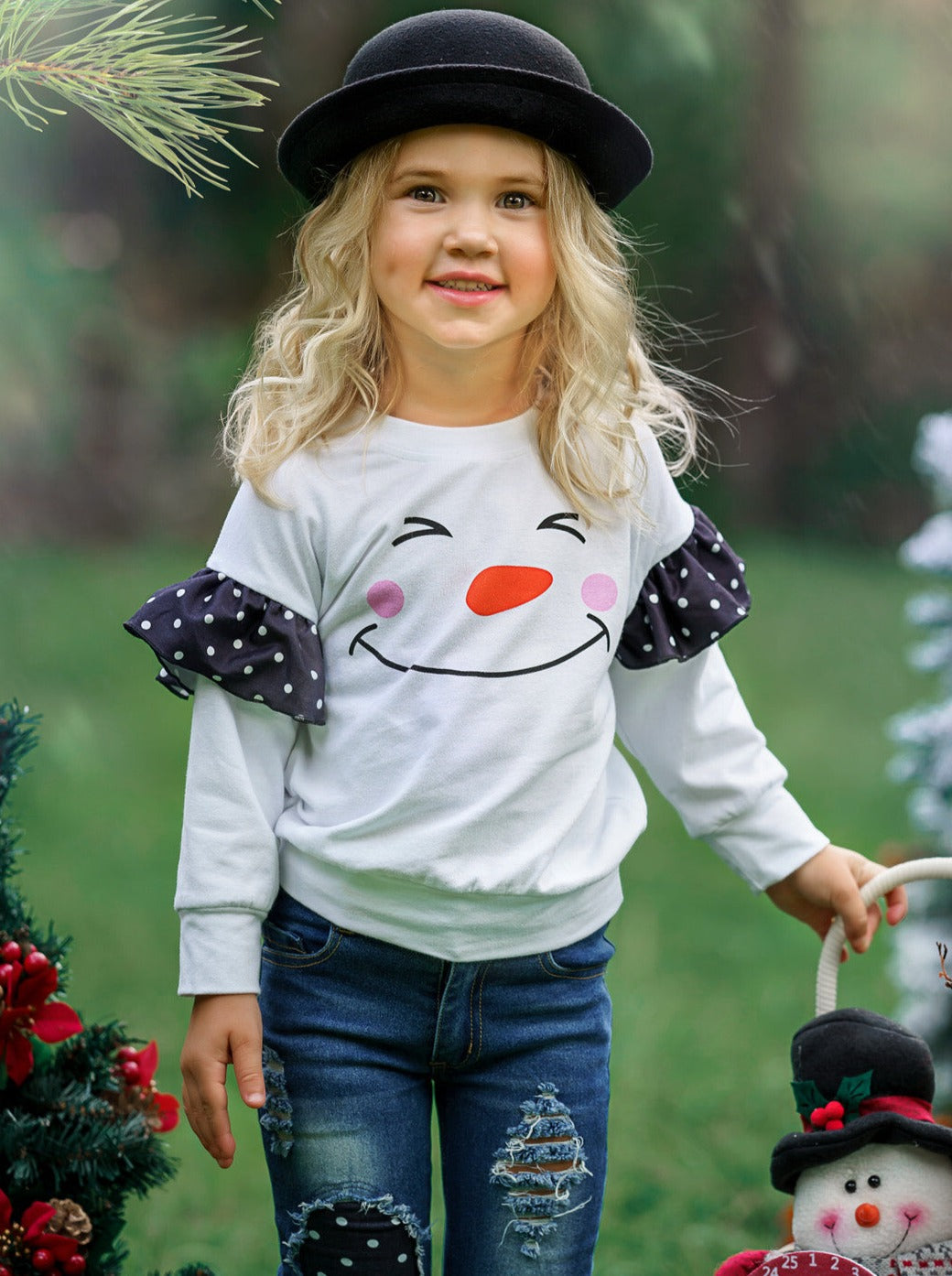 Toddler Winter Set | Girls Happy Snowman Polka Dot Patched Jean Set