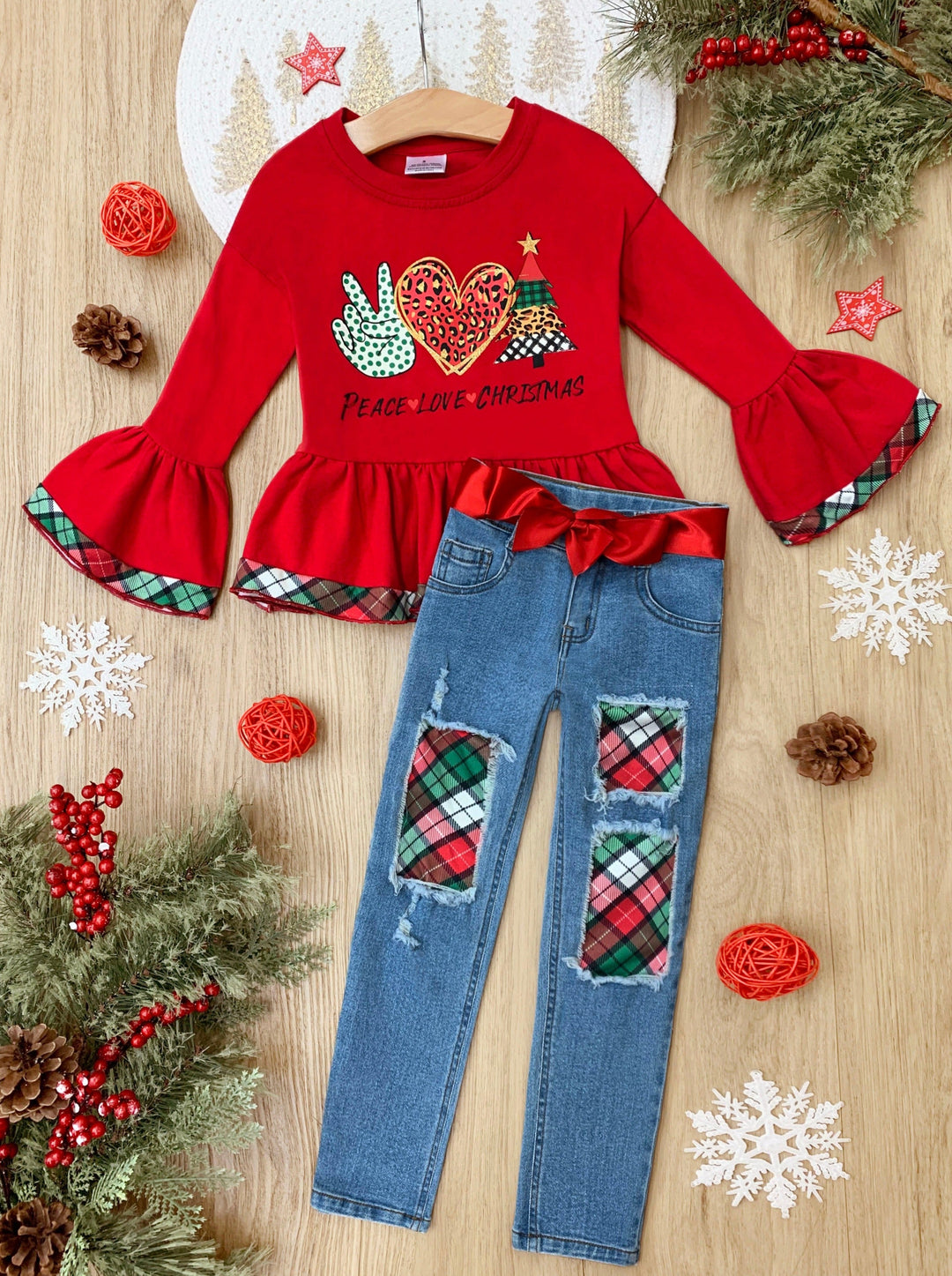 Girls Winter Casual Sets | Peace, Love, Christmas Patched Jean Set 