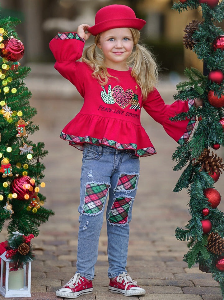 Girls Winter Casual Sets | Peace, Love, Christmas Patched Jean Set 