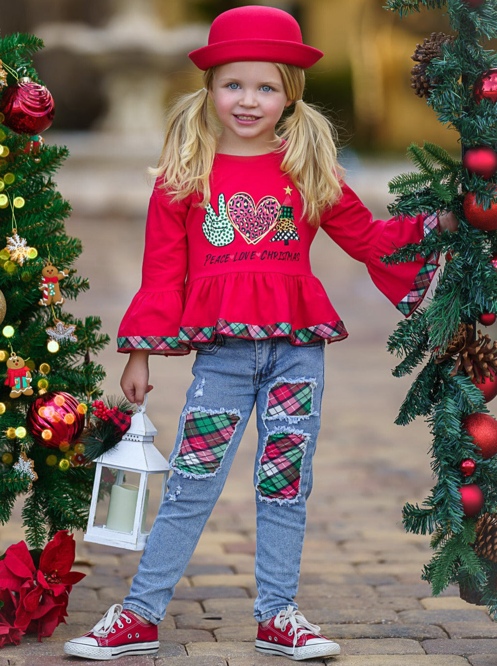 Girls Winter Casual Sets | Peace, Love, Christmas Patched Jean Set 