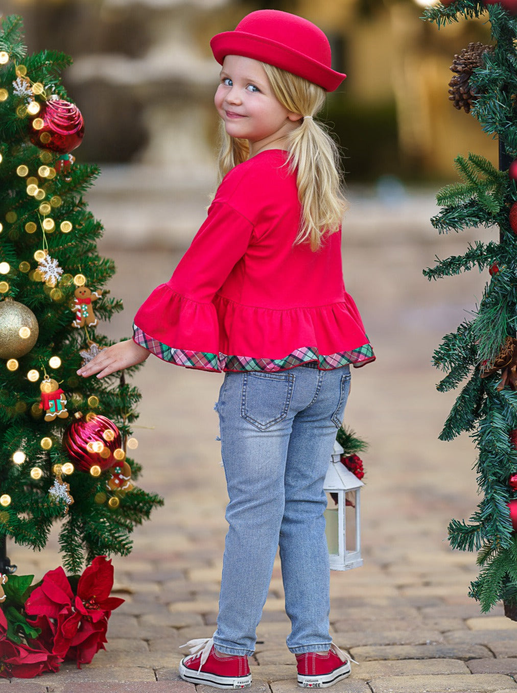 Girls Winter Casual Sets | Peace, Love, Christmas Patched Jean Set 