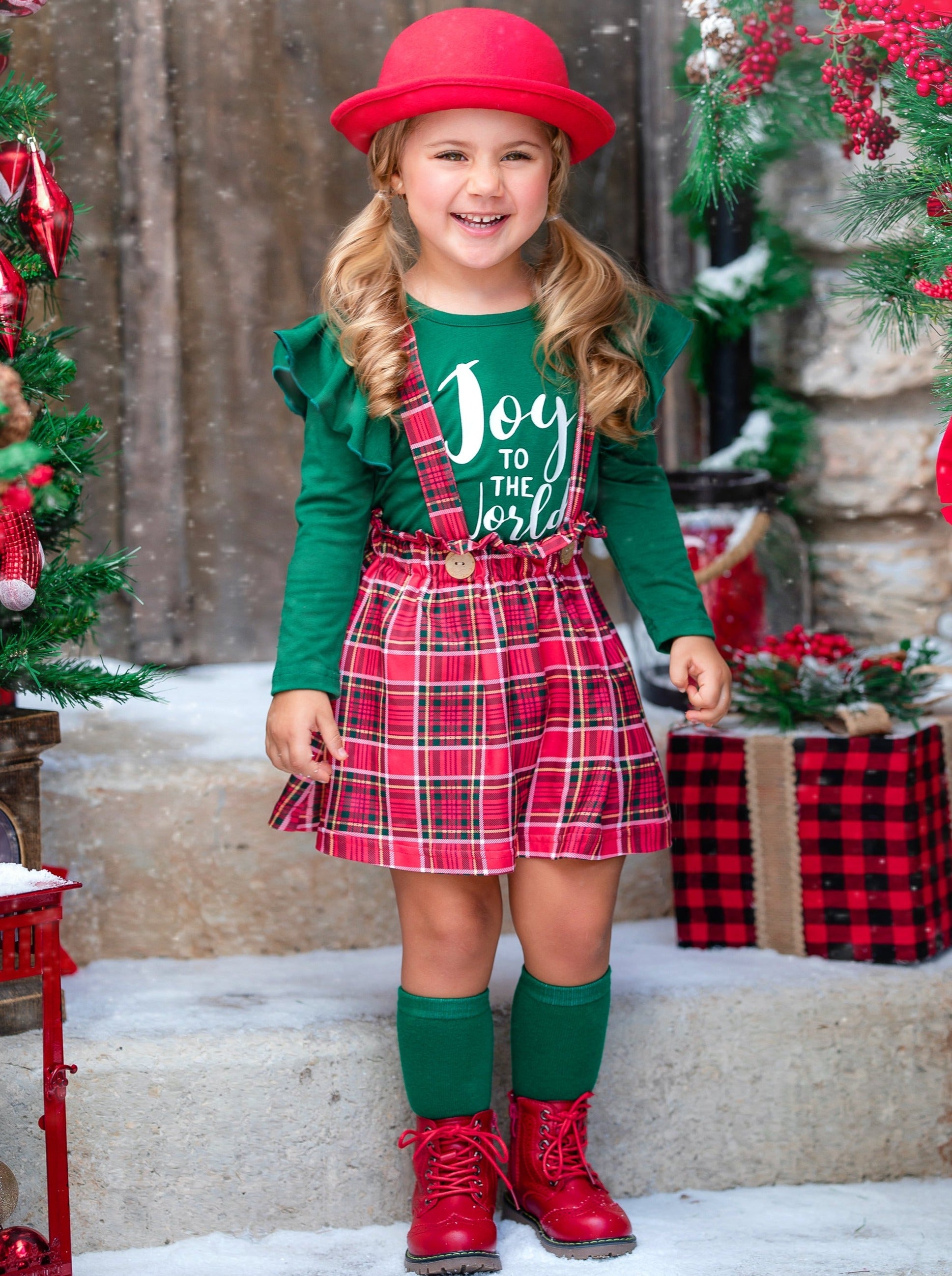 Winter Skirt Sets Girls Joy To The World Plaid Suspender Skirt Set Mia Belle Girls