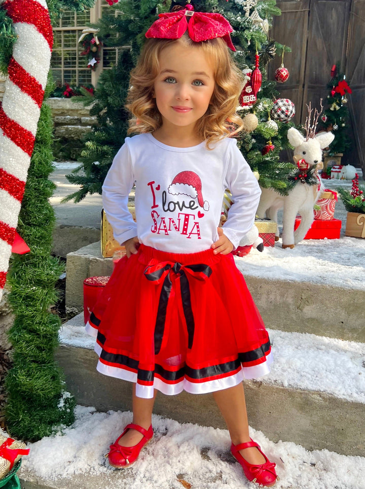 Toddler Christmas Clothes | Girls I Love Santa Top & Tutu Skirt Set 