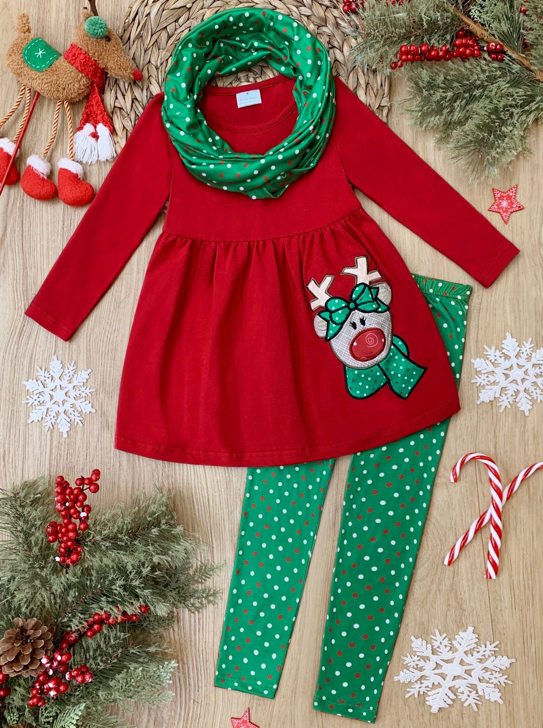 Girls Winter Casual Set | Reindeer Polka Dot Tunic Scarf & Legging Set