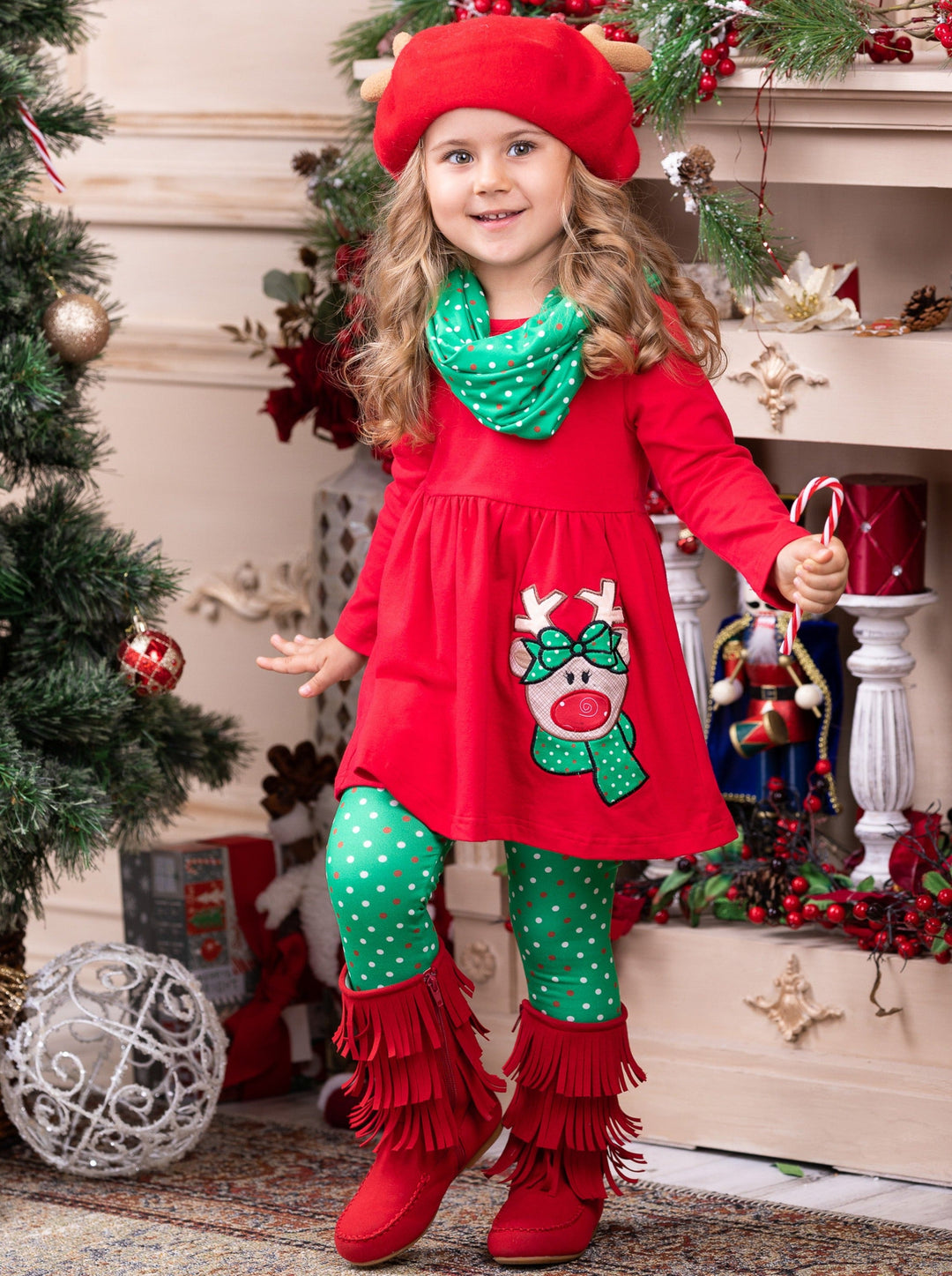 Girls Winter Casual Set | Reindeer Polka Dot Tunic Scarf & Legging Set