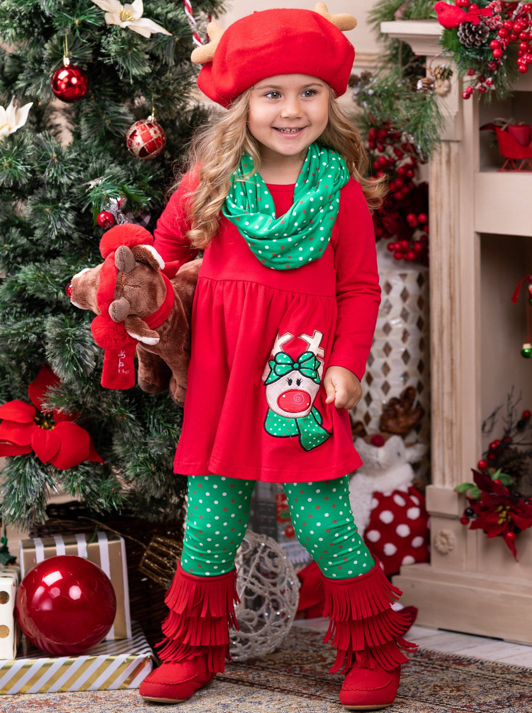 Girls Winter Casual Set | Reindeer Polka Dot Tunic Scarf & Legging Set