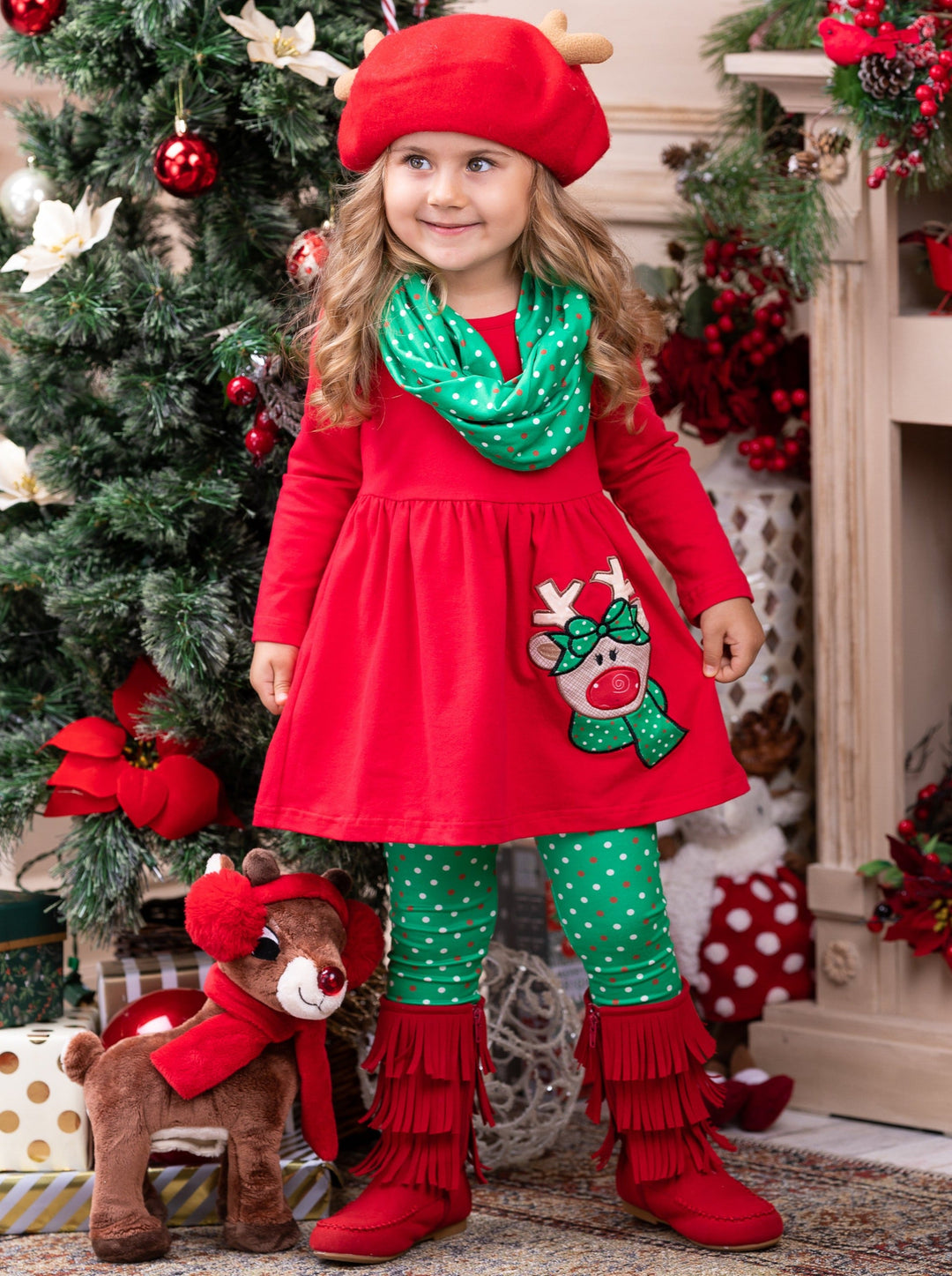 Girls Winter Casual Set | Reindeer Polka Dot Tunic Scarf & Legging Set