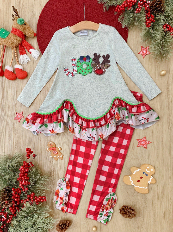 Girls Winter Casual Set | Joy Tiered Tunic & Plaid Ruffle Legging Set 