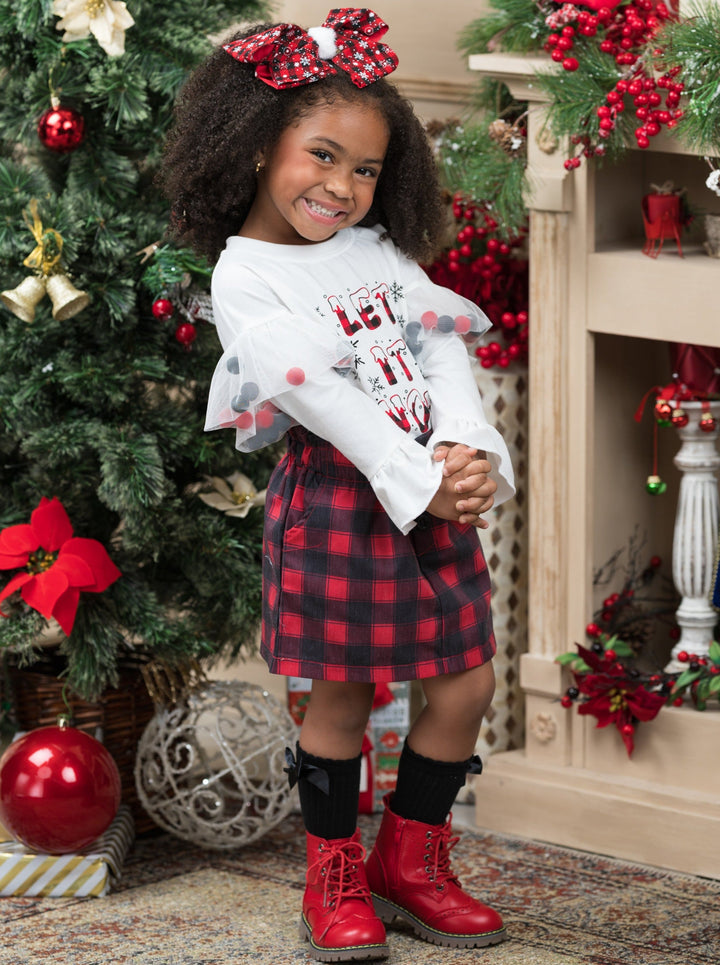 Winter Skirt Sets | Let It Snow Pom Pom Sleeve Top & Plaid Skirt Set