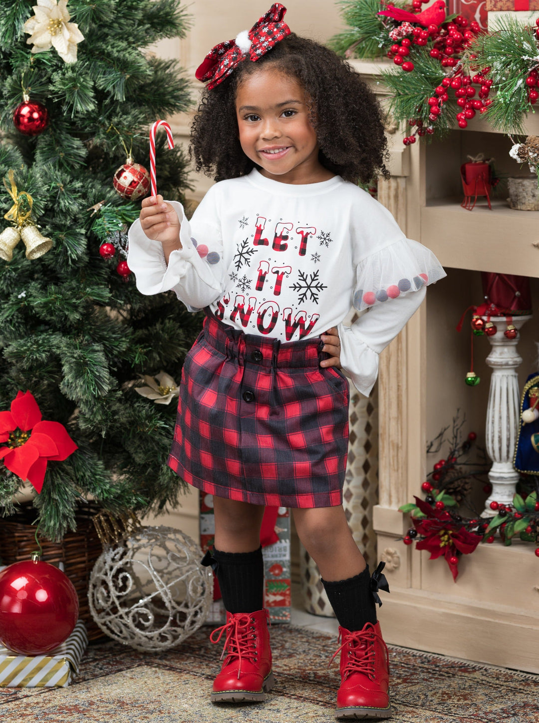 Winter Skirt Sets | Let It Snow Pom Pom Sleeve Top & Plaid Skirt Set