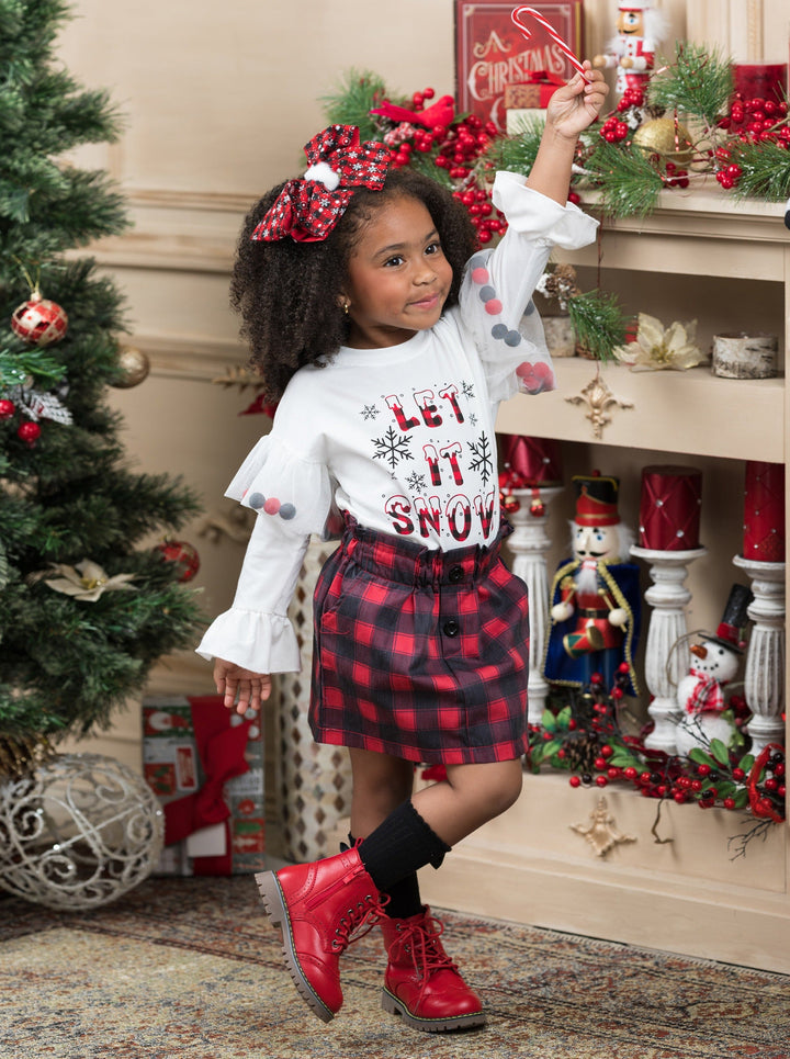 Winter Skirt Sets | Let It Snow Pom Pom Sleeve Top & Plaid Skirt Set