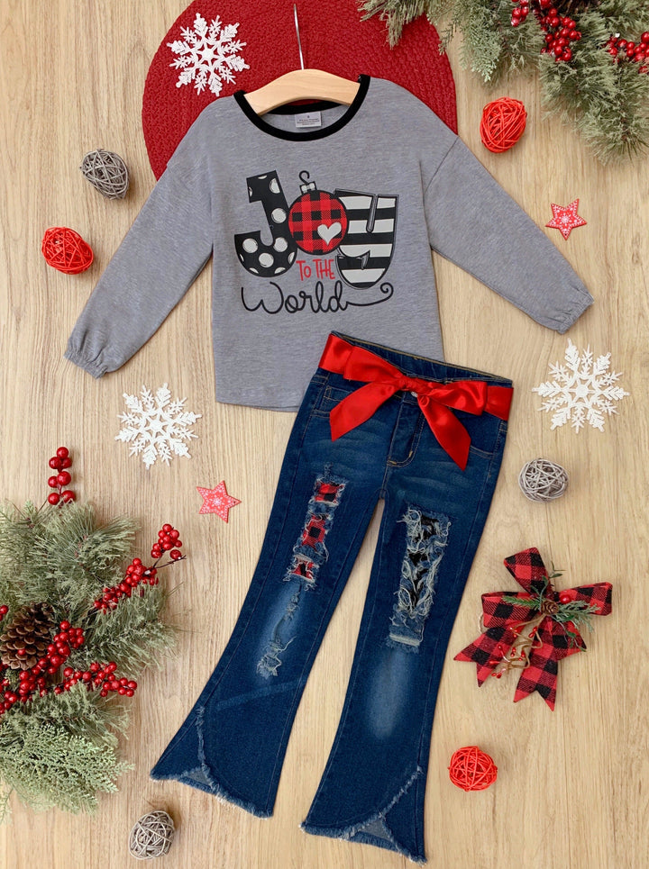 Toddler Winter Clothes | Girls Joy To The World Top & Patched Jean Set