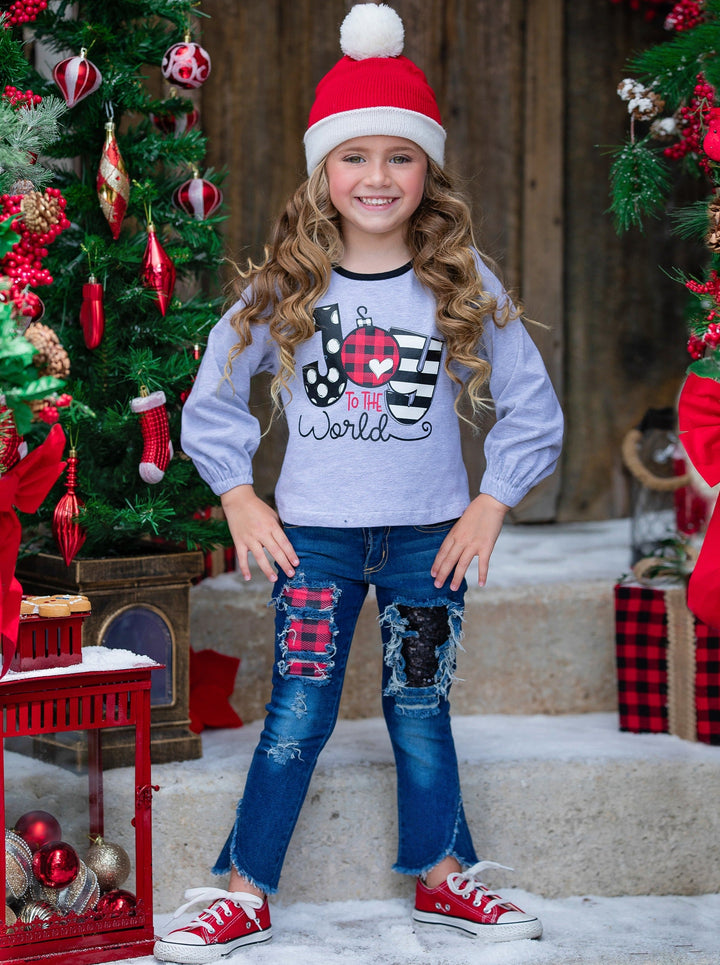 Toddler Winter Clothes | Girls Joy To The World Top & Patched Jean Set