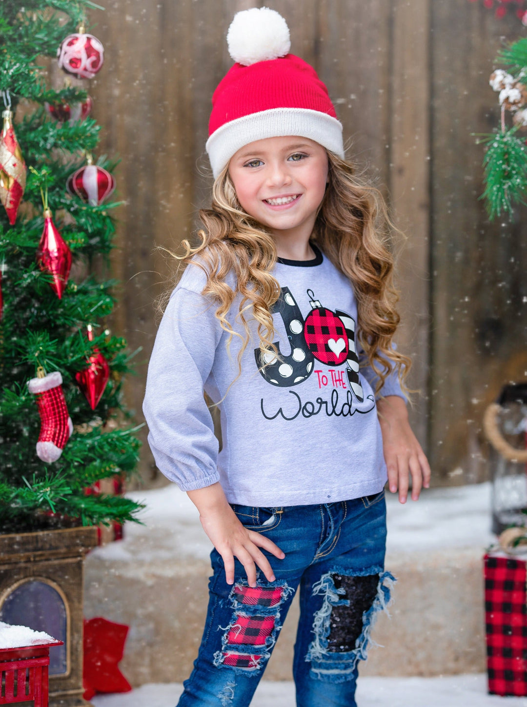 Toddler Winter Clothes | Girls Joy To The World Top & Patched Jean Set