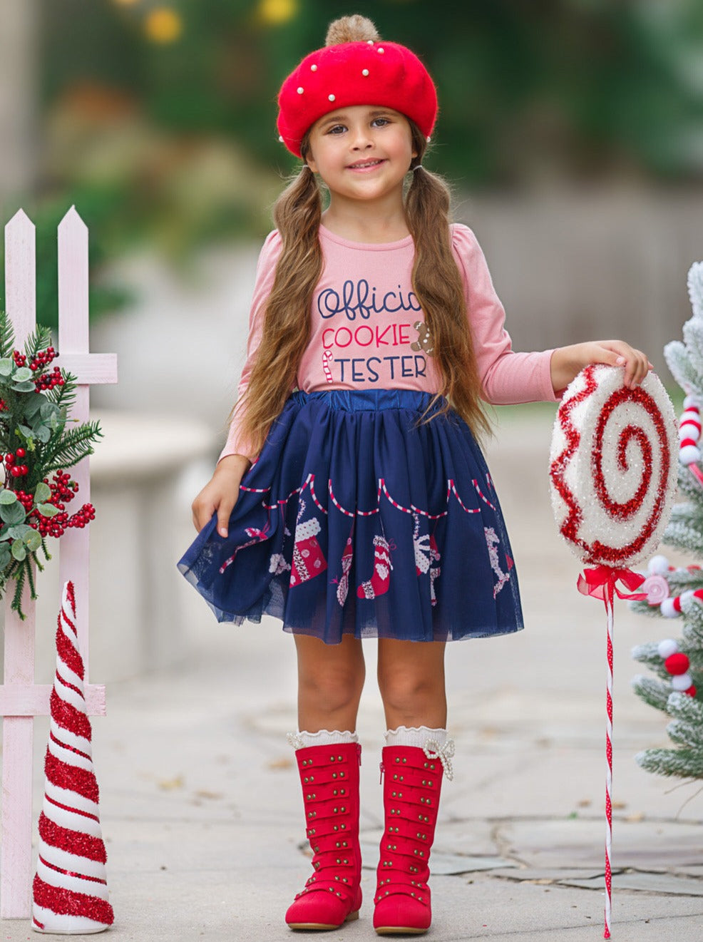 Mia Belle Girls Ruffle Top & Christmas Skirt Set | Cute Winter Outfits