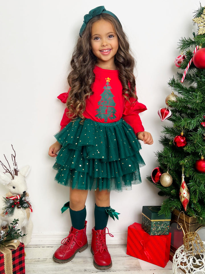 Mia Belle Girls Christmas Tree Tutu Skirt Set | Girls Holiday Dresses