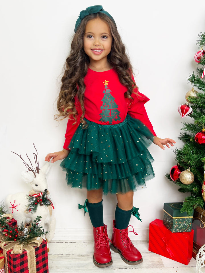 Mia Belle Girls Christmas Tree Tutu Skirt Set | Girls Holiday Dresses