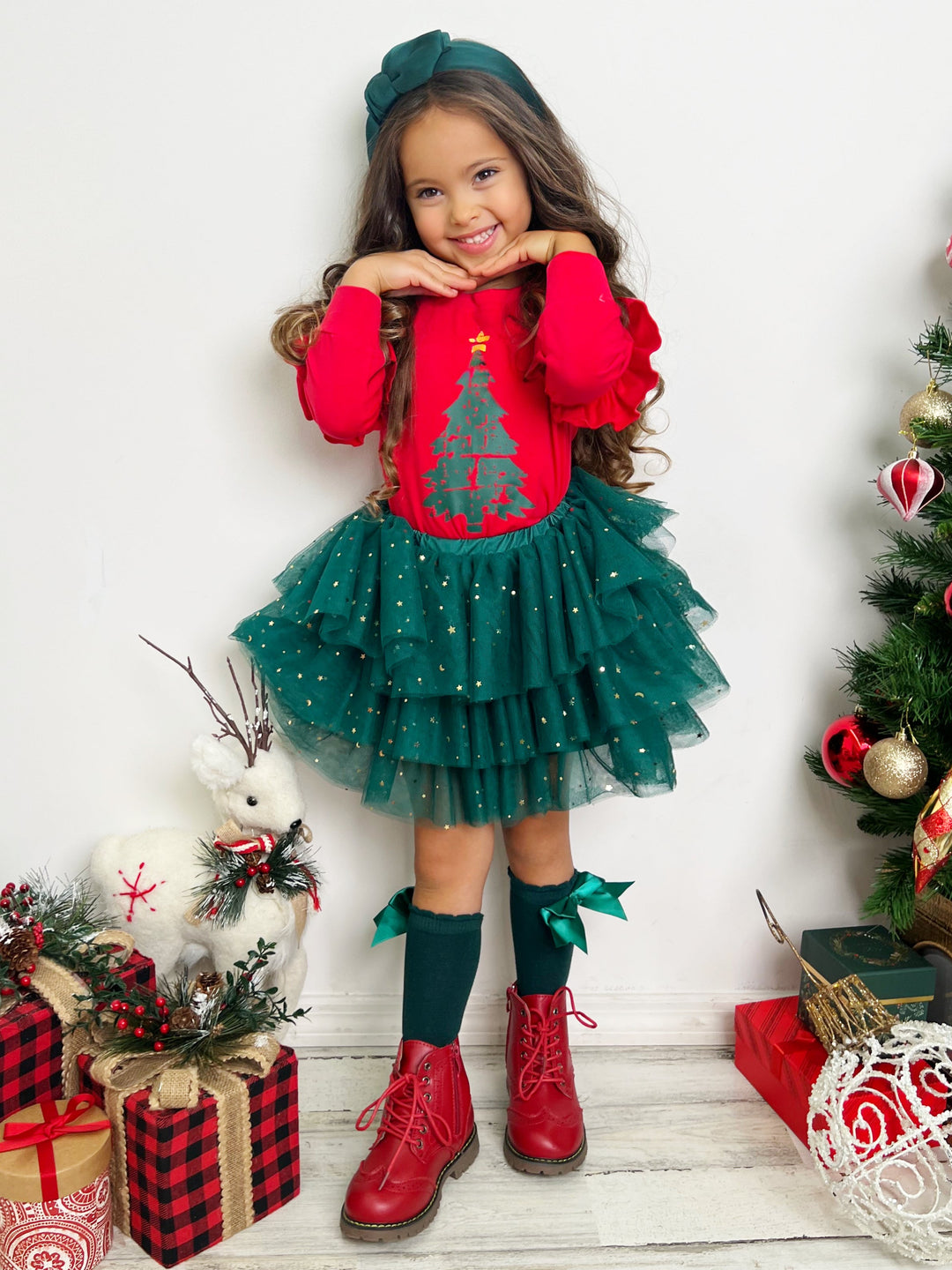 Mia Belle Girls Christmas Tree Tutu Skirt Set | Girls Holiday Dresses