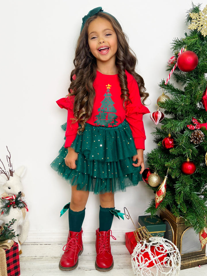 Mia Belle Girls Christmas Tree Tutu Skirt Set | Girls Holiday Dresses