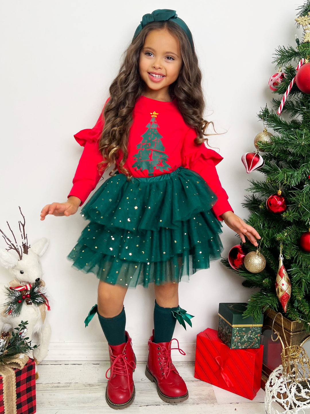 Mia Belle Girls Christmas Tree Tutu Skirt Set | Girls Holiday Dresses