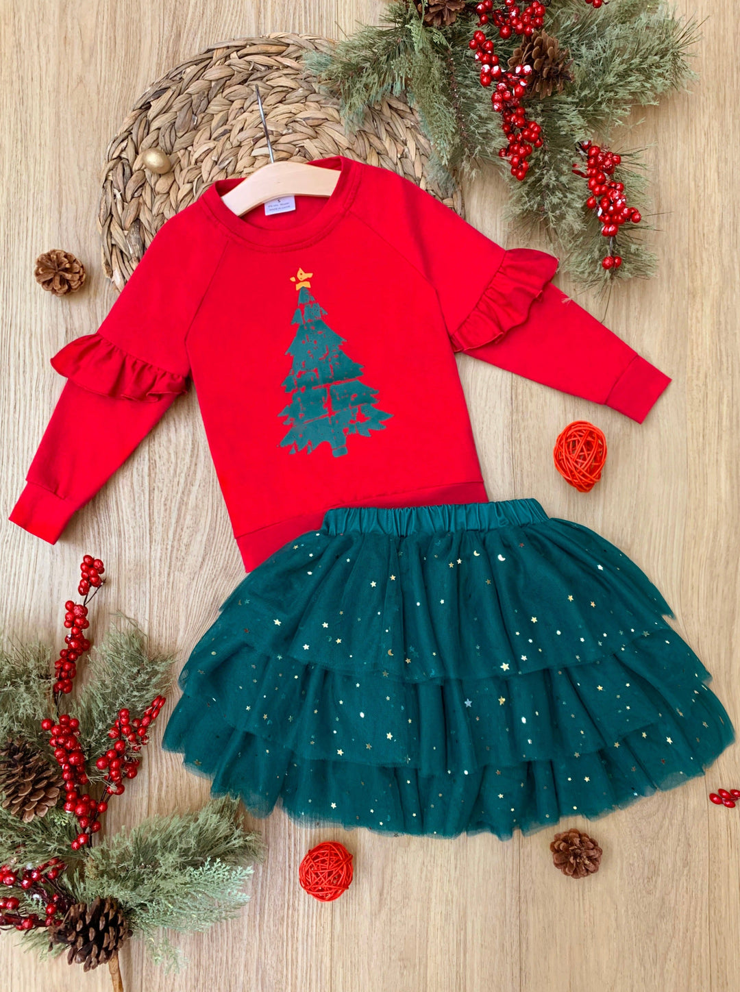 Mia Belle Girls Christmas Tree Tutu Skirt Set | Girls Holiday Dresses