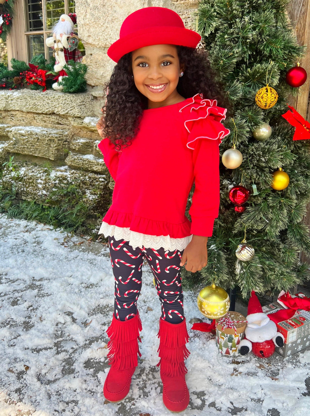 Mia Belle Girls Top & Candy Cane Legging Set | Girls Winter Outfits