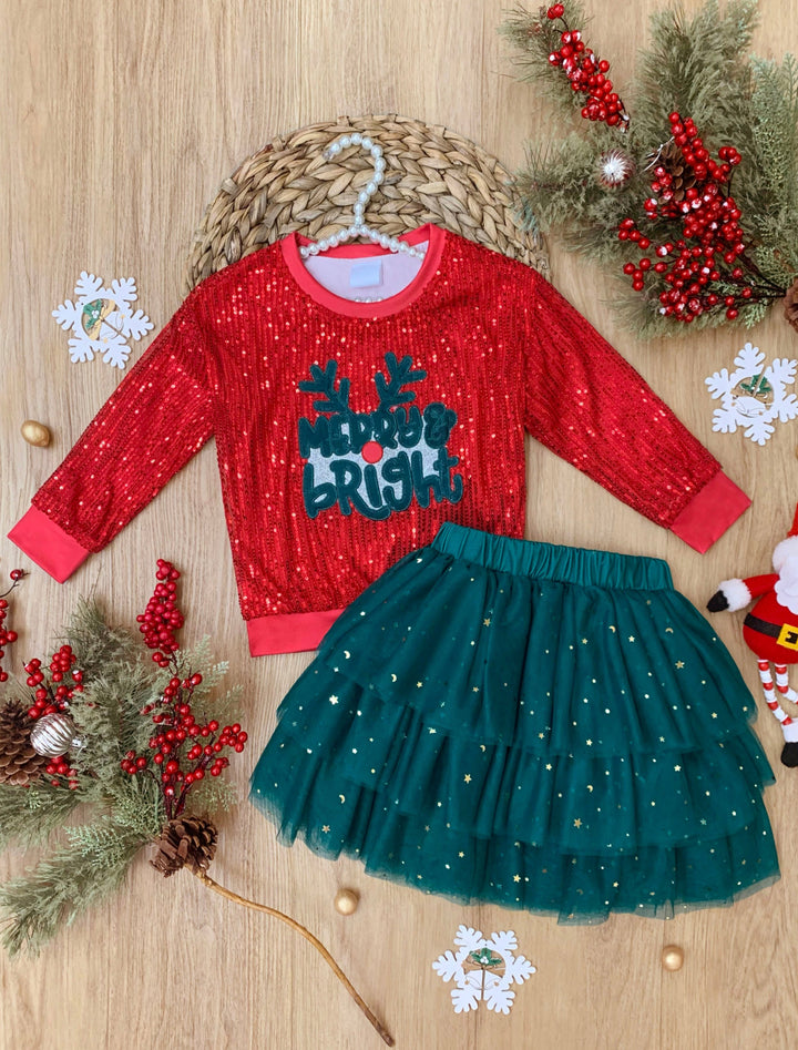 Merry & Bright Reindeer Top and Sequin Skirt Set