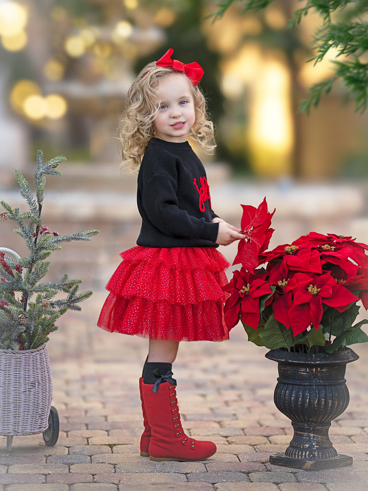 Jolly Embroidered Sweater and Glitter Tutu Skirt Set