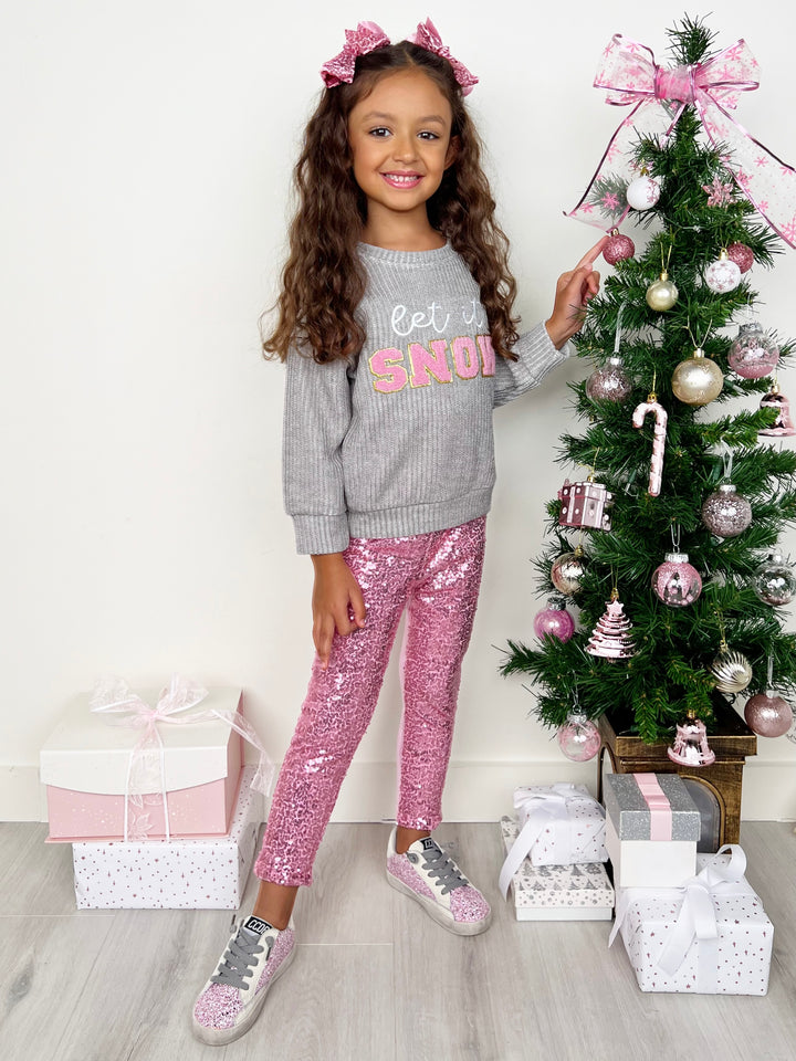 Set mit Pullover „Let It Snow“ und Leggings mit schillernden rosa Pailletten