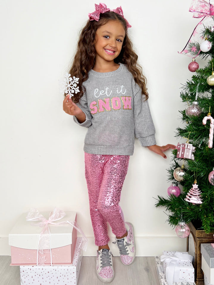 Set mit Pullover „Let It Snow“ und Leggings mit schillernden rosa Pailletten