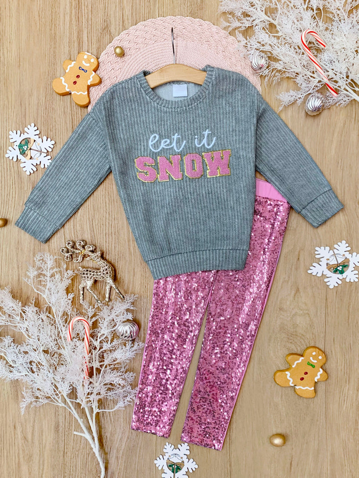 Set mit Pullover „Let It Snow“ und Leggings mit schillernden rosa Pailletten