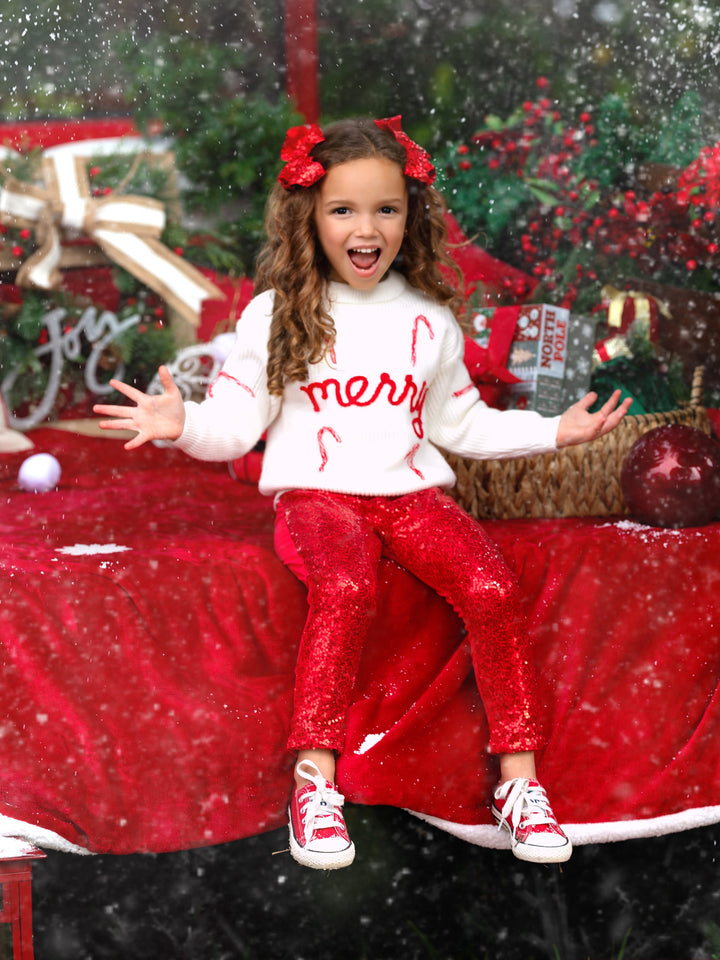 Merry Knit Sweater and Red Dazzling Sequin Pant Set