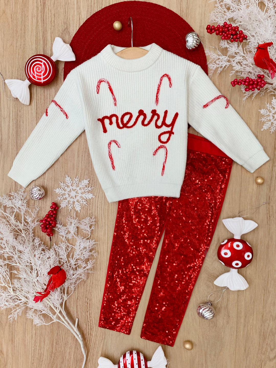 Merry Knit Sweater and Red Dazzling Sequin Pant Set