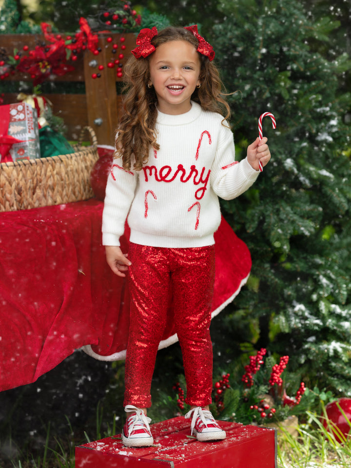 Merry Knit Sweater and Red Dazzling Sequin Pant Set