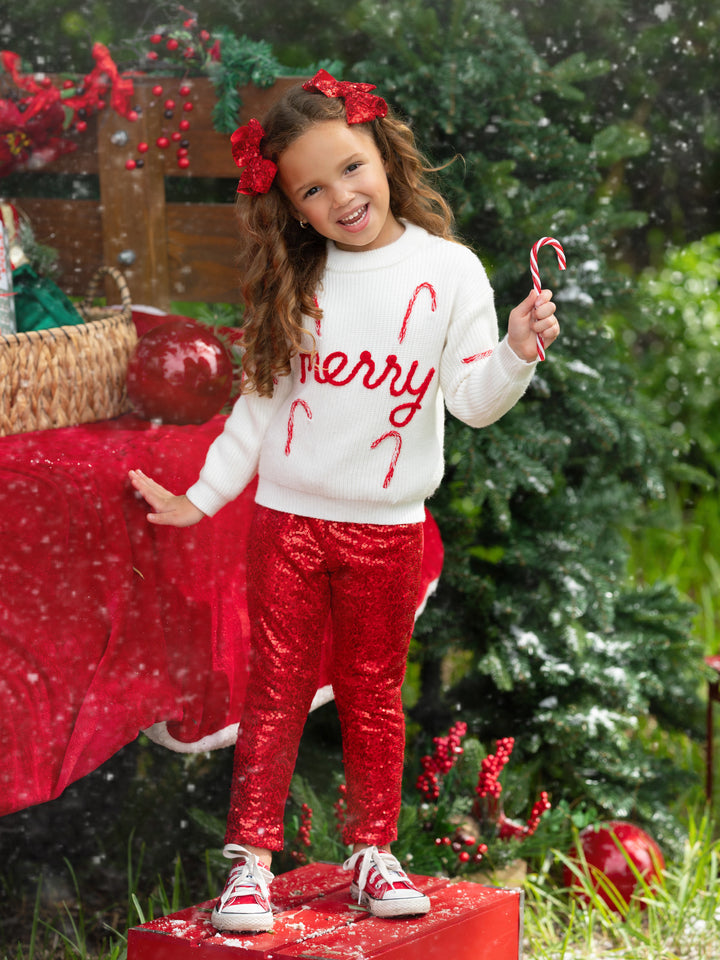 Merry Knit Sweater and Red Dazzling Sequin Pant Set