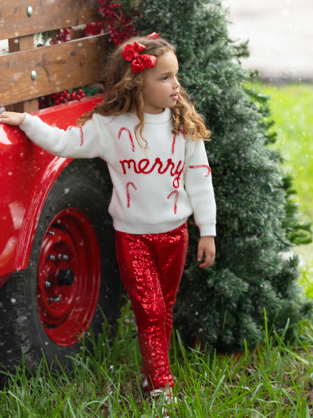 Merry Knit Sweater and Red Dazzling Sequin Pant Set