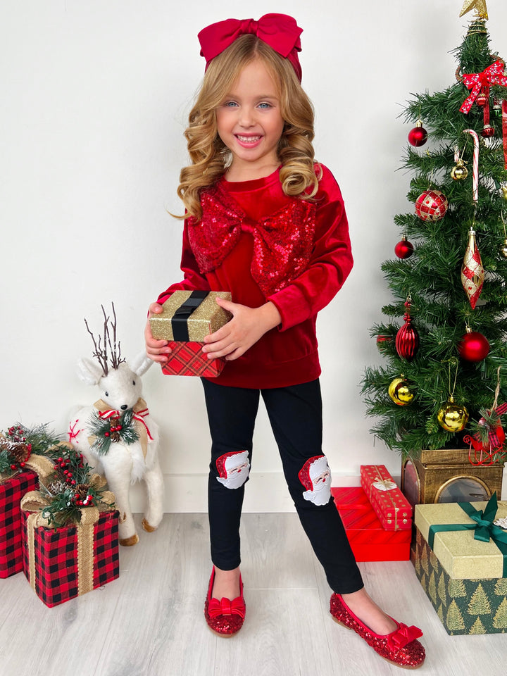 Set aus glitzerndem Samtoberteil mit Schleife und Weihnachtsmann-Leggings