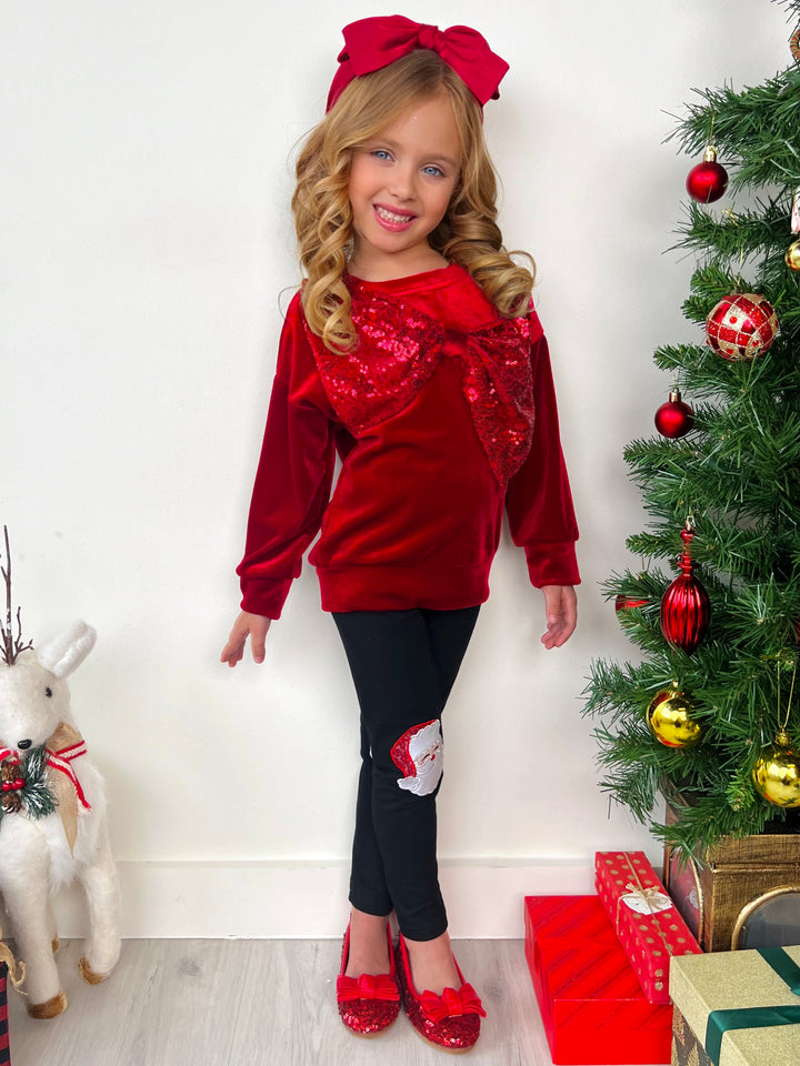 Set aus glitzerndem Samtoberteil mit Schleife und Weihnachtsmann-Leggings