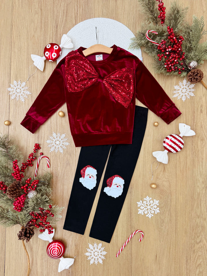 Set aus glitzerndem Samtoberteil mit Schleife und Weihnachtsmann-Leggings