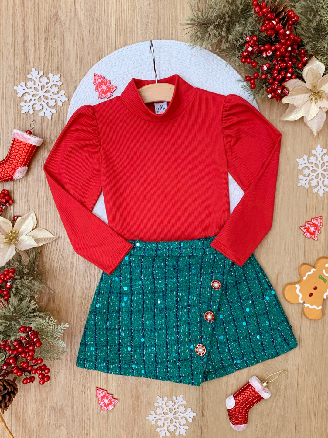 Red Turtleneck Top and Green Tweed Skort Set