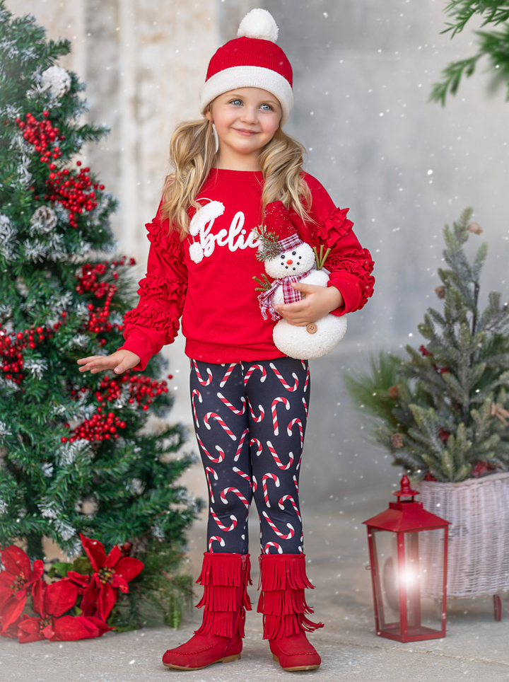 Believe Ruffle Top and Candy Cane Legging Set