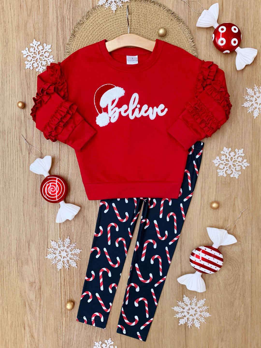 Believe Ruffle Top and Candy Cane Legging Set