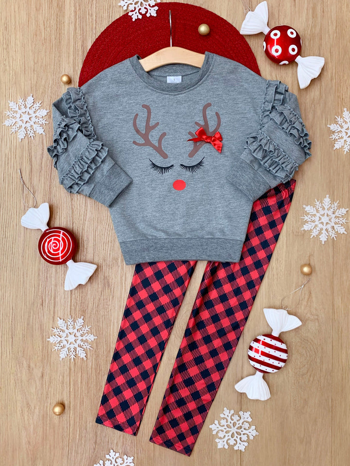 Reindeer Delight Ruffle Top and Buffalo Plaid Legging Set