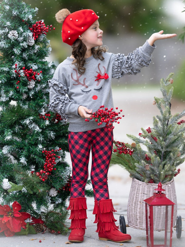 Reindeer Delight Ruffle Top and Buffalo Plaid Legging Set