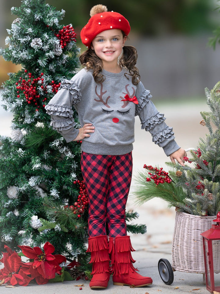 Reindeer Delight Ruffle Top and Buffalo Plaid Legging Set