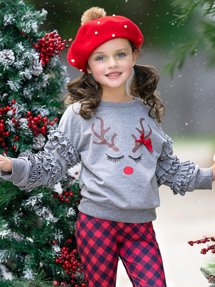 Reindeer Delight Ruffle Top and Buffalo Plaid Legging Set