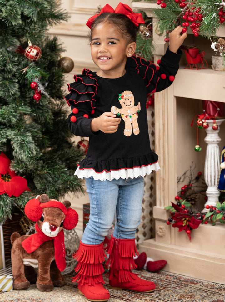 Toddler Cute Winter Tops | Girls Gingerbread Cookie Ruffle Top