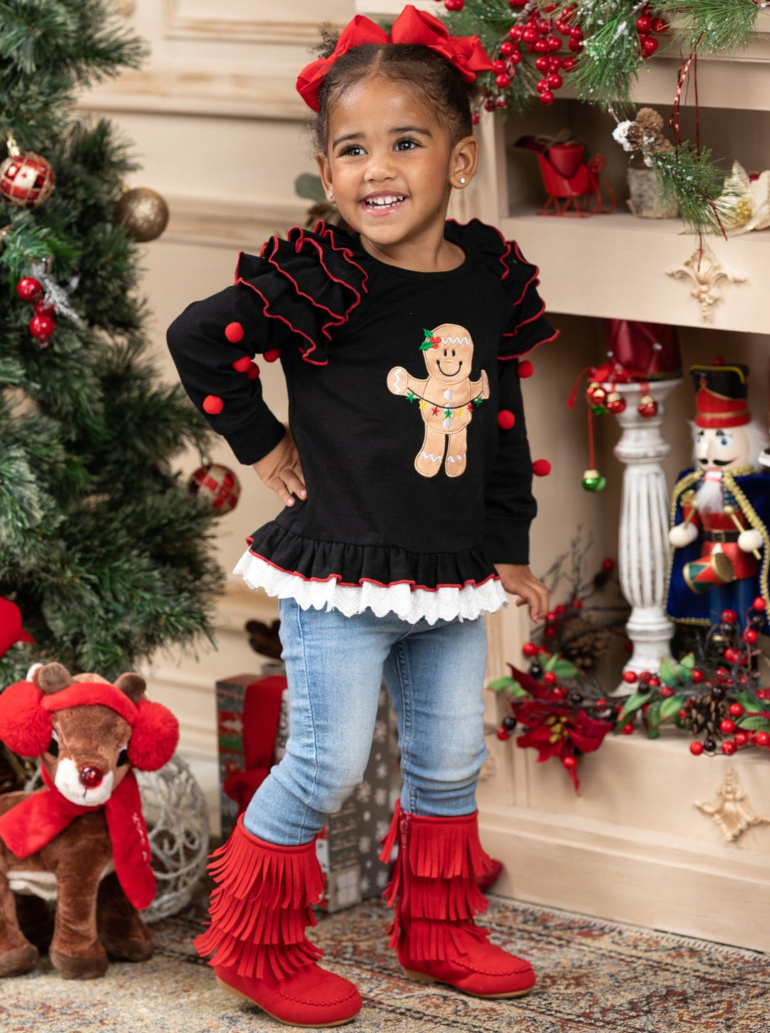 Toddler Cute Winter Tops | Girls Gingerbread Cookie Ruffle Top