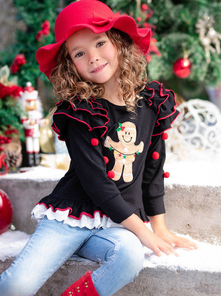 Toddler Cute Winter Tops | Girls Gingerbread Cookie Ruffle Top