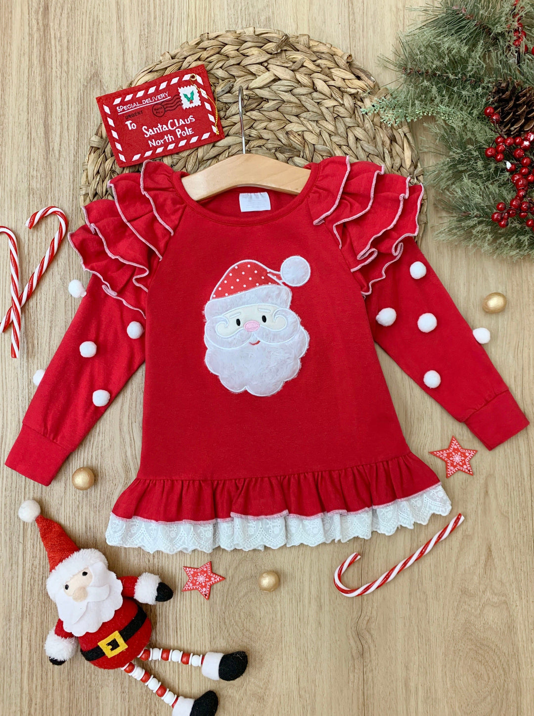 Toddler Clothing Sale | Girls Santa Ruffled Pom Pom Tunic | Boutique